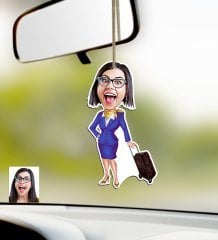 Kişiye Özel Hostes Karikatürlü Ahşap Araba Dikiz Ayna Süsü-2