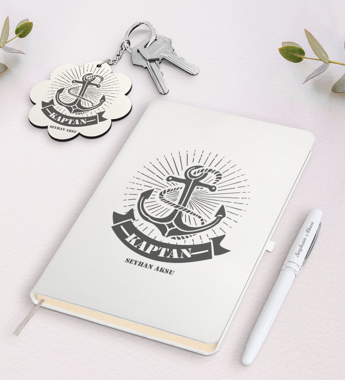 Kişiye Özel Kaptan Beyaz Defter Kalem Ve Anahtarlık Hediye Seti-7