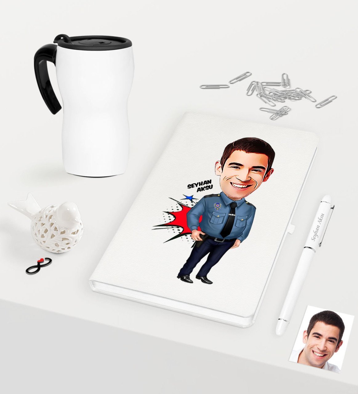 Kişiye Özel Bay Polis Karikatürlü Beyaz Defter Kalem Termos Mug Seti - 3