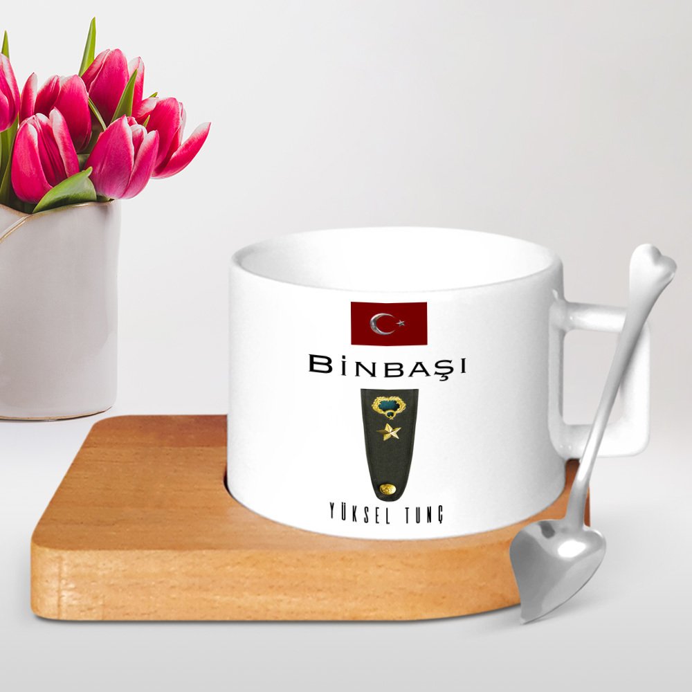 Kişiye Özel Mesleki Binbaşı Ahşap Altlıklı Seramik Fincan