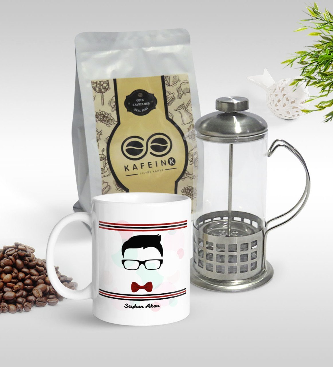 Kişiye Özel Yakışıklı Babam Tasarımlı Kupa & French Press & 250gr Filtre Kahve Hediye Seti-4