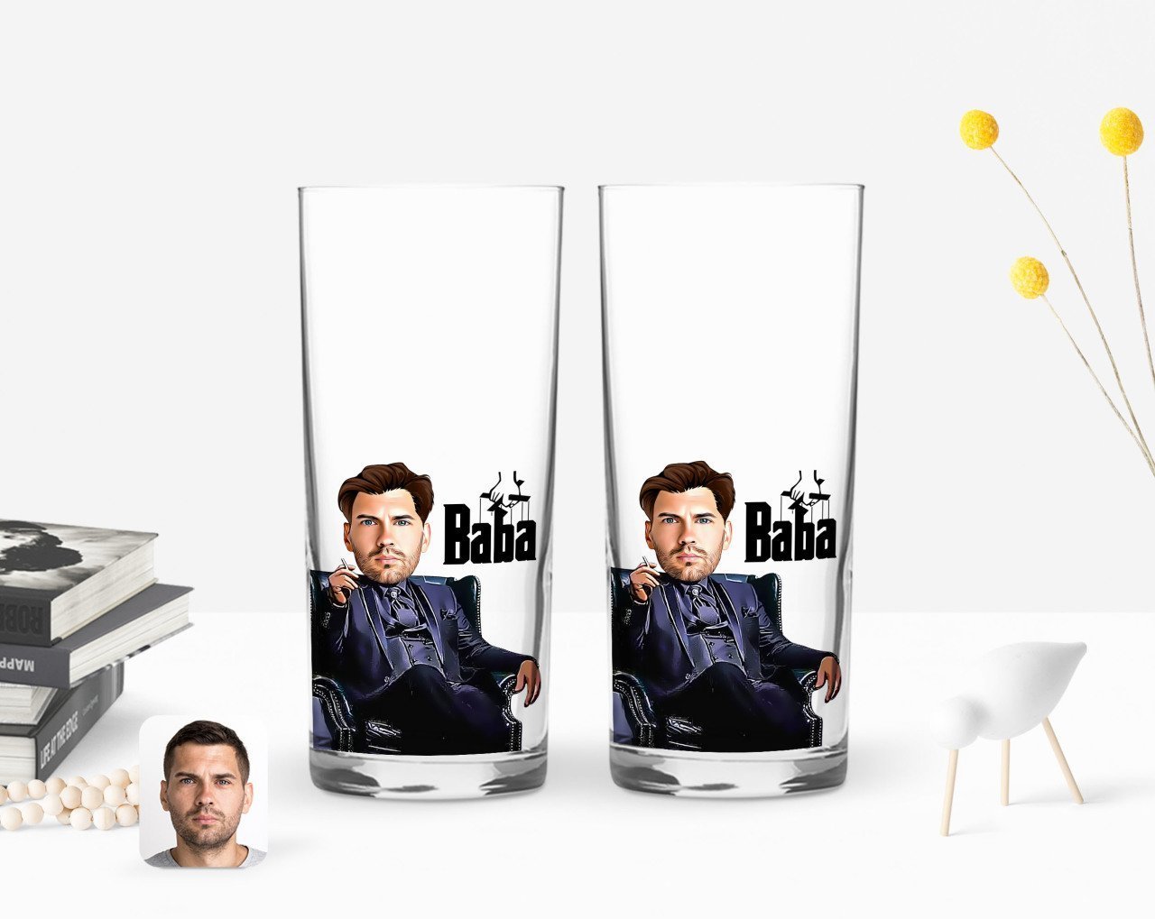 Kişiye Özel Renkli Baskılı Godfather Baba Karikatürlü İkili Rakı Bardağı Seti-9