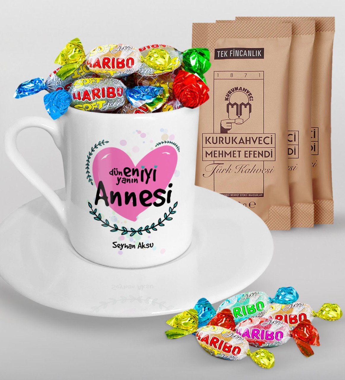 Kişiye Özel Dünyanın En İyi Annesi Tasarımlı Türk Kahvesi Fincanı Mehmet Efendi Kahve ve Haribo Şeker Hediye Seti-11