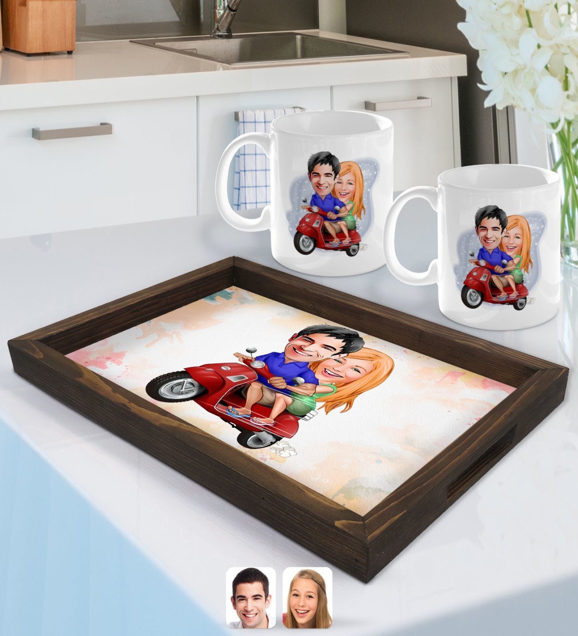 Kişiye Özel Sevgililer Karikatürlü Doğal Ahşap Tepsi ve 2’li Kupa Bardak Seti-10