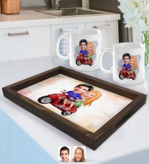 Kişiye Özel Sevgililer Karikatürlü Doğal Ahşap Tepsi ve 2’li Kupa Bardak Seti-10