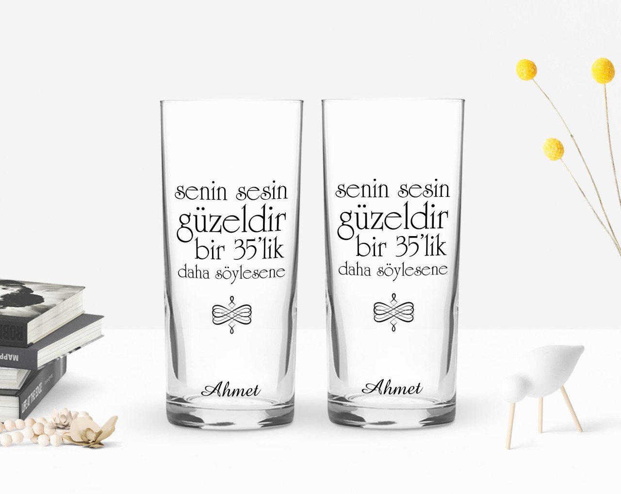 Kişiye Özel Renkli Baskılı Sesin Güzeldir Tasarımlı İkili Rakı Bardağı Seti-1