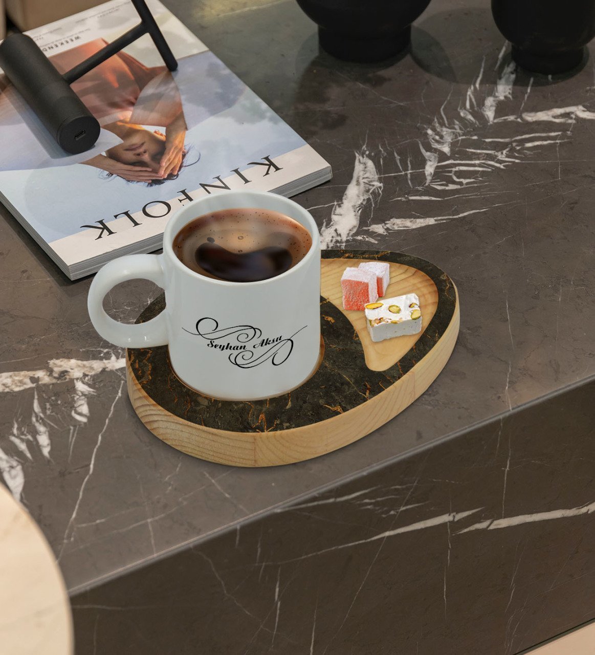 Kişiye Özel Mermer Tasarımlı Doğal Ahşap Tabaklı Türk Kahvesi Fincanı Sunum Seti Model 8