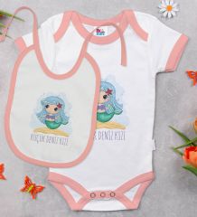 BK Kids Küçük Deniz Kızı Tasarımlı Pembe Bebek Body Zıbın ve Mama Önlüğü Hediye Seti-1