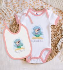 BK Kids Küçük Deniz Kızı Tasarımlı Pembe Bebek Body Zıbın ve Mama Önlüğü Hediye Seti-1