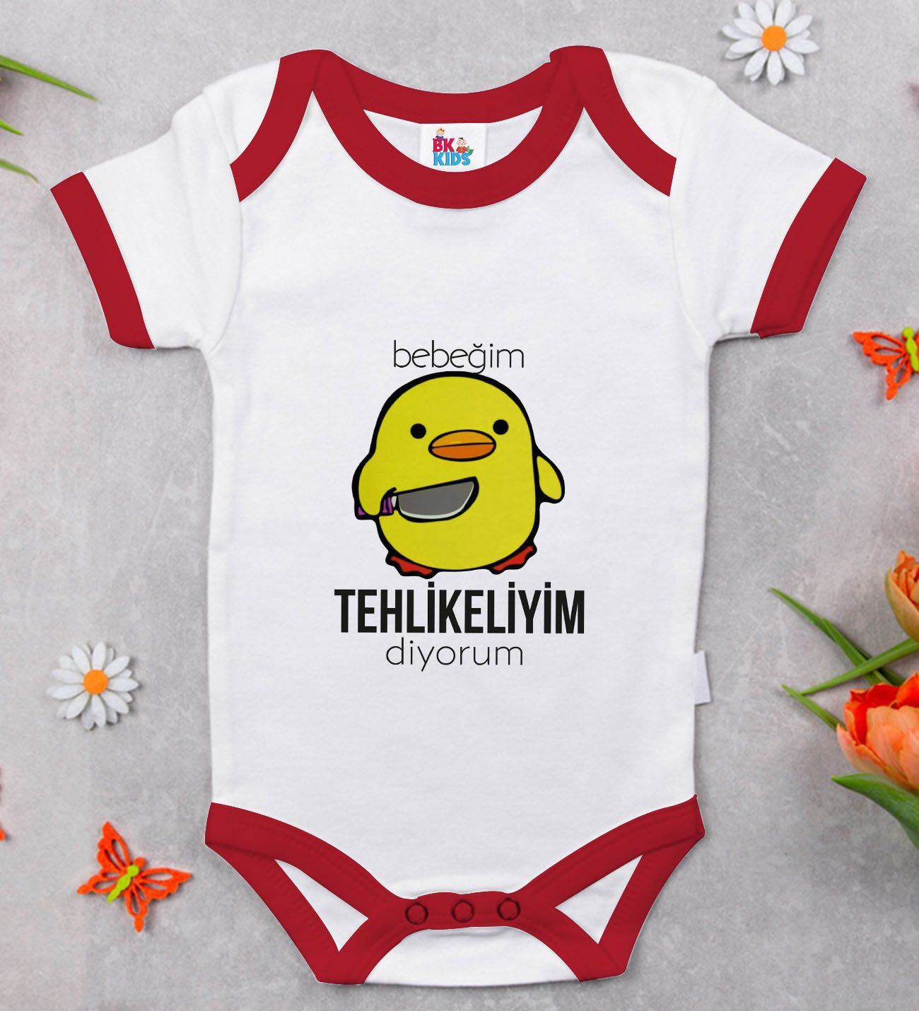 BK Kids Tehlikeliyim Diyorum Tasarımlı Kırmızı Bebek Body Zıbın-1