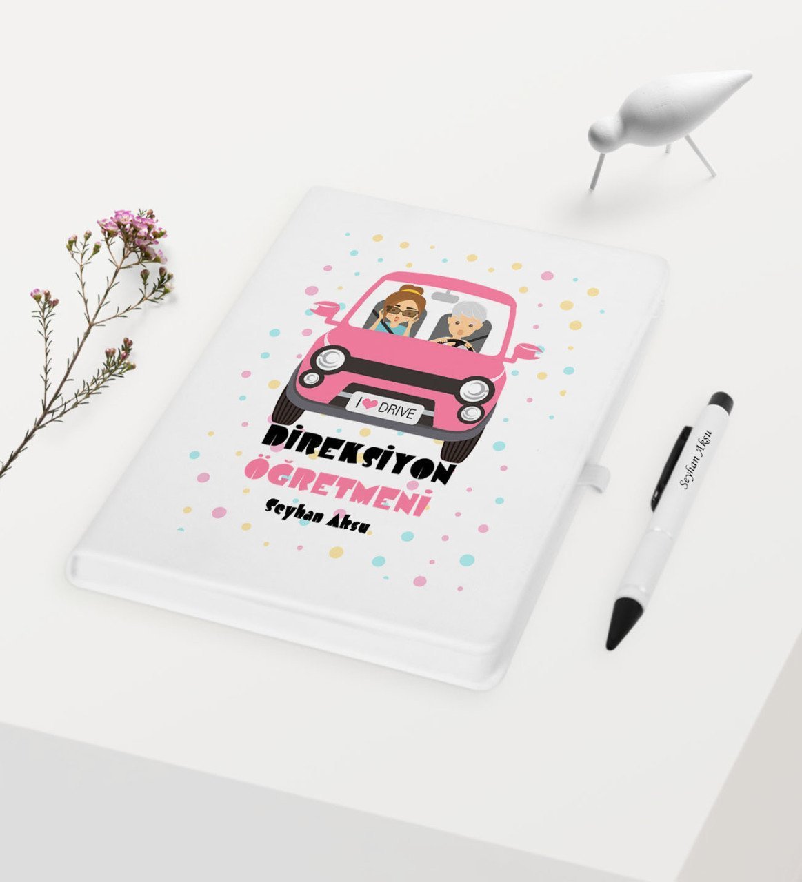 Kişiye Özel Direksiyon Öğretmeni Temalı Beyaz Defter Kalem Hediye Seti - 1