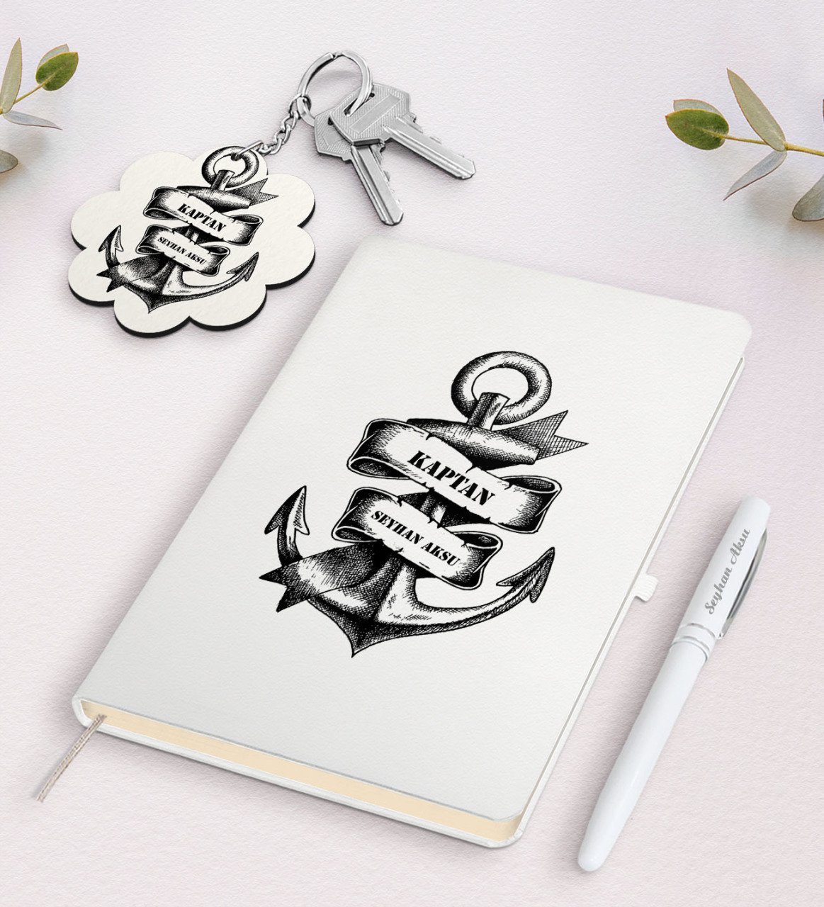 Kişiye Özel Kaptan Beyaz Defter Kalem Ve Anahtarlık Hediye Seti-6