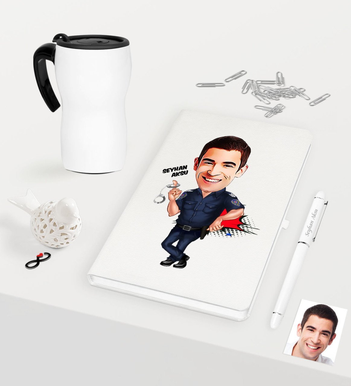 Kişiye Özel Bay Polis Karikatürlü Beyaz Defter Kalem Termos Mug Seti - 2