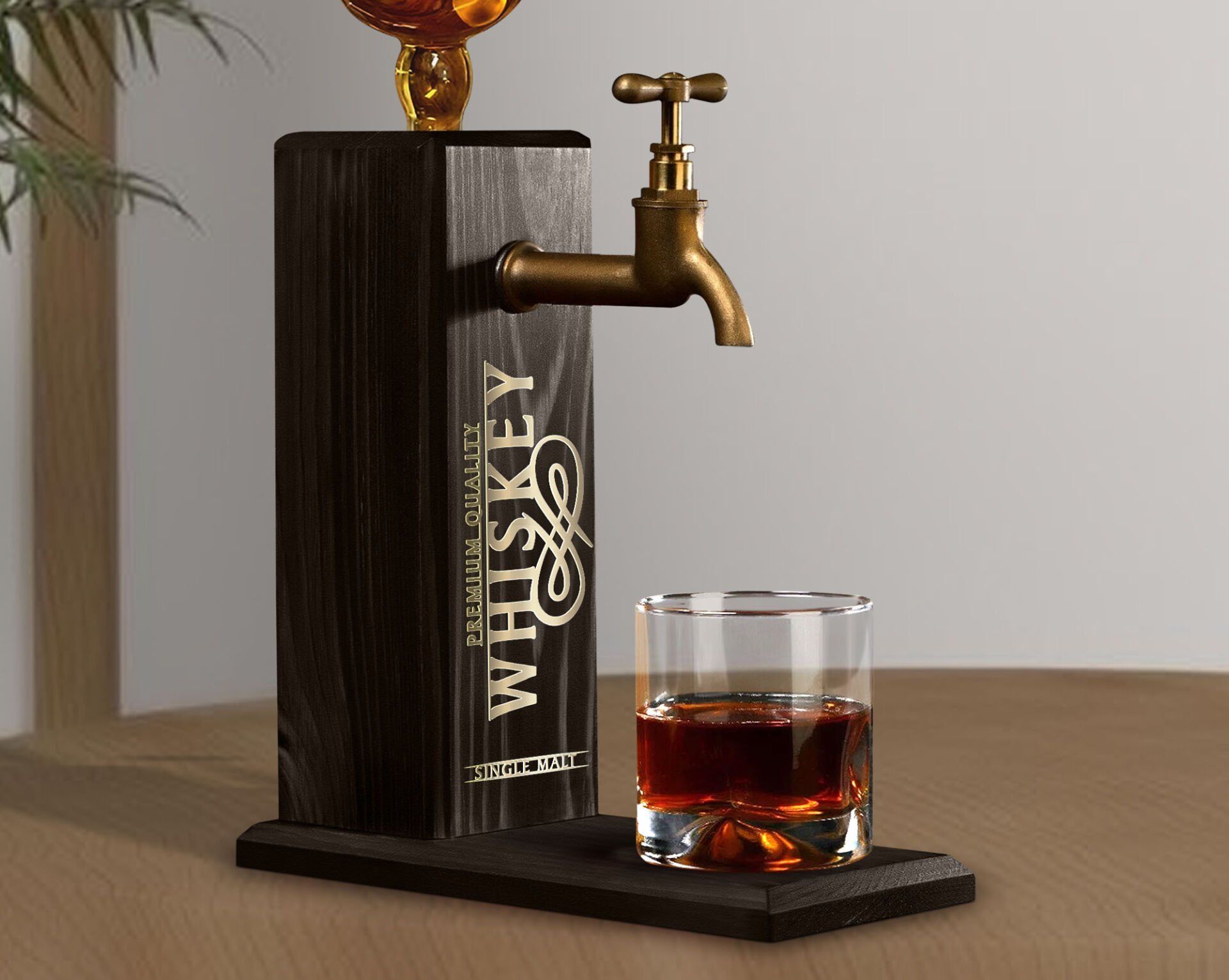BK Gift Aynalı Altın Kabartma Musluklu Doğal Siyah(Ebony) Ahşap Viski Standı, Home Bar, İçecek Dispenseri, Ahşap İçecek Çeşmesi-5