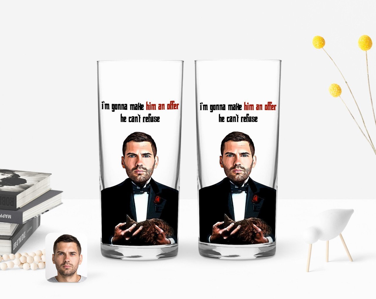 Kişiye Özel Renkli Baskılı Godfather Baba Karikatürlü İkili Rakı Bardağı Seti-7