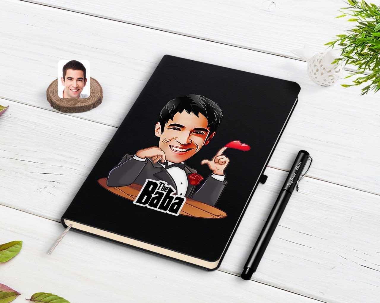 Kişiye Özel Godfather Baba Karikatürlü Siyah Defter ve Kalem Hediye Seti-6