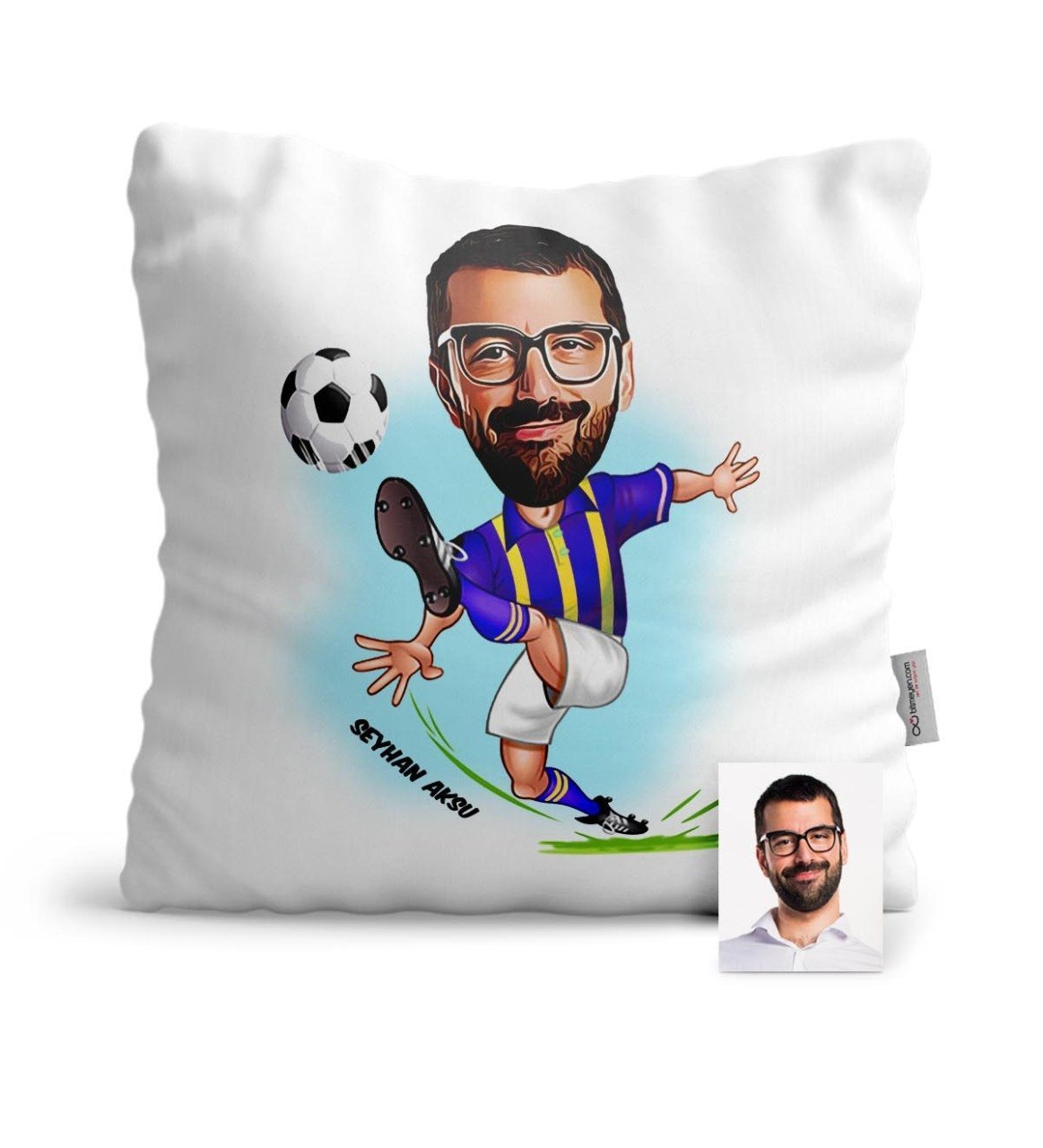 Kişiye Özel Futbolcu Sarı Lacivert Karikatür Saten Yastık - 1