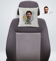 Kişiye Özel İsimli Erkek Ressam Karikatürlü Kare Araç Koltuk Yastığı-1