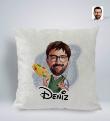 Kişiye Özel İsimli Erkek Ressam Karikatürlü Kare Araç Koltuk Yastığı-1