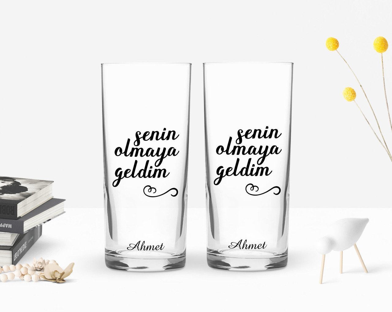 Kişiye Özel Renkli Baskılı Senin Olmaya Geldim Tasarımlı İkili Rakı Bardağı Seti-1