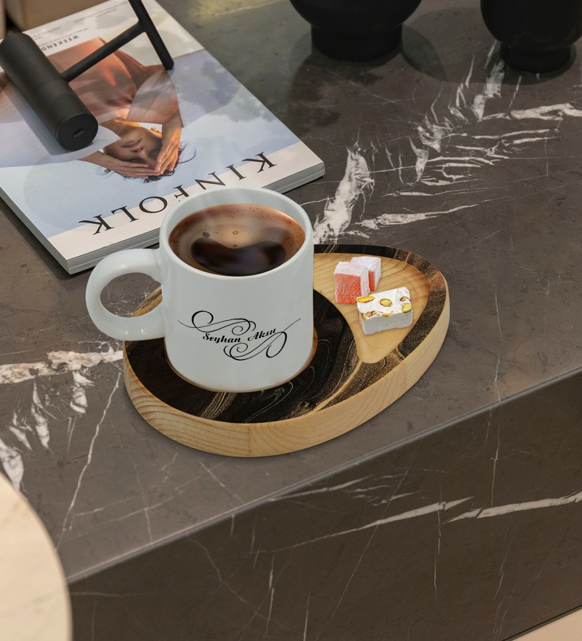 Kişiye Özel Mermer Tasarımlı Doğal Ahşap Tabaklı Türk Kahvesi Fincanı Sunum Seti Model 7