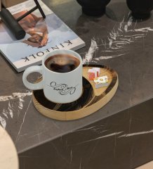 Kişiye Özel Mermer Tasarımlı Doğal Ahşap Tabaklı Türk Kahvesi Fincanı Sunum Seti Model 7