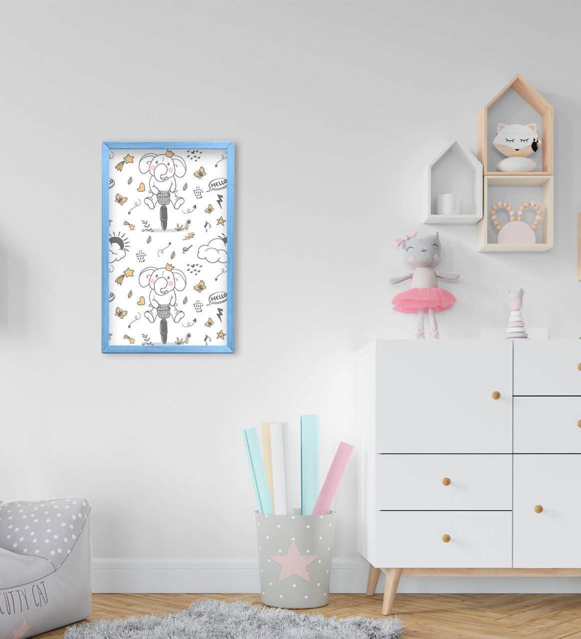 BK Home Tatlı Fil Tasarımlı Dekoratif Mavi Ahşap Çerçeveli Çocuk Odası Tablo-3