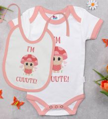 BK Kids I'm Cute Tasarımlı Pembe Bebek Body Zıbın ve Mama Önlüğü Hediye Seti-1
