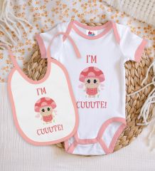 BK Kids I'm Cute Tasarımlı Pembe Bebek Body Zıbın ve Mama Önlüğü Hediye Seti-1