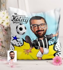Kişiye Özel Bay Futbolcu Siyah Beyaz Karikatürlü Saten Yastık - 1