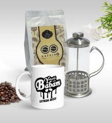 Kişiye Özel Yakışıklı Babam Tasarımlı Kupa & French Press & 250gr Filtre Kahve Hediye Seti-2
