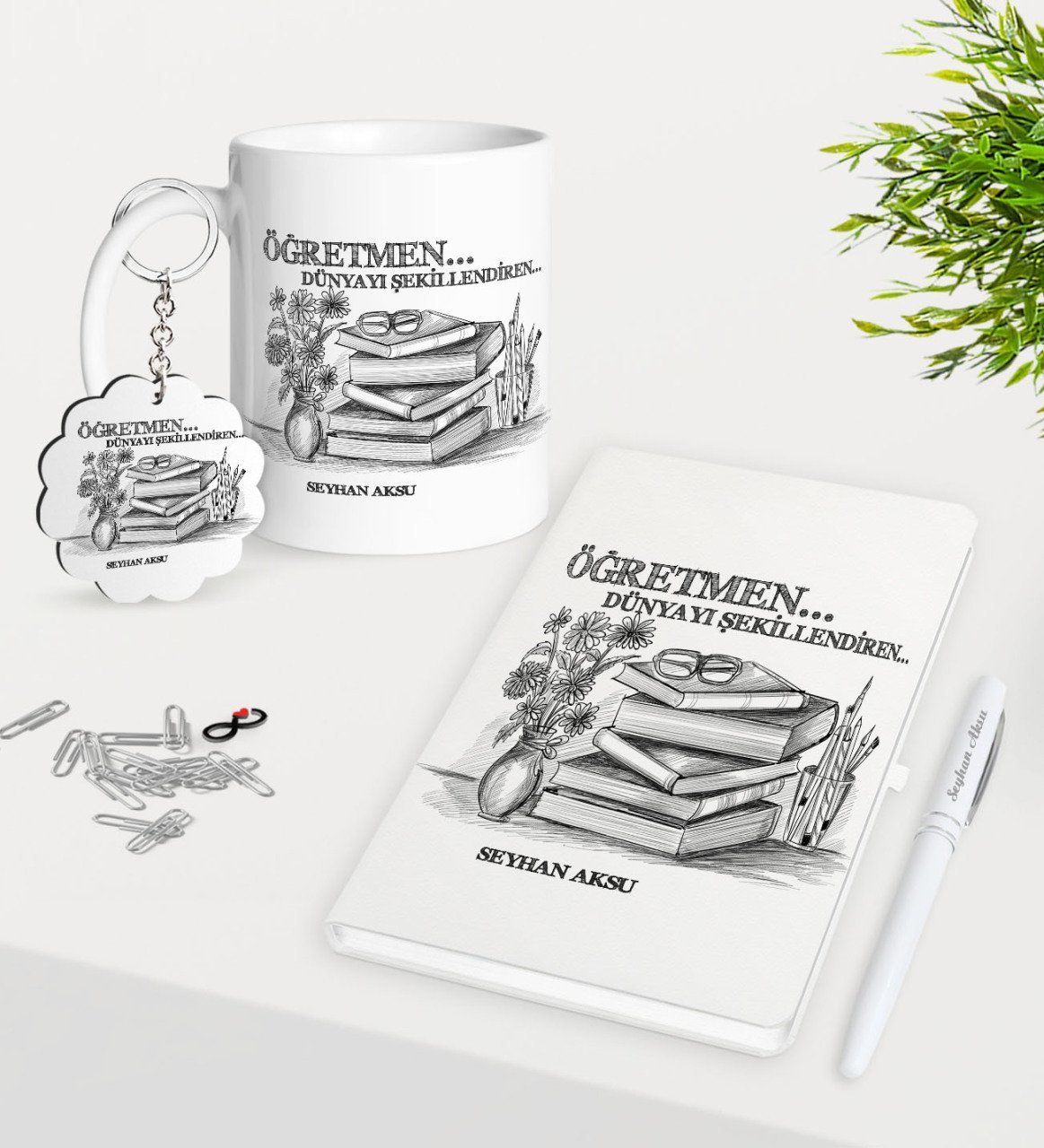 Kişiye Özel Öğretmen Kupa Anahtarlık Beyaz Defter Kalem Hediye Seti-1