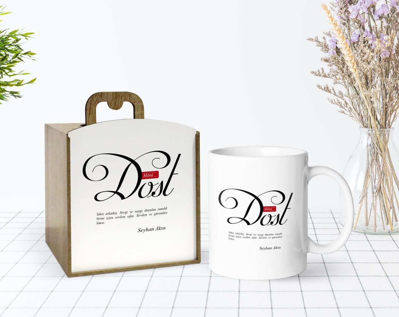 Kişiye Özel Ahşap Kutuda Mânâ Dost Tasarımlı Beyaz Kupa Bardak-1