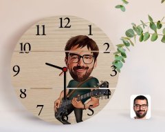 Kişiye Özel Erkek Gitarist Karikatürlü Otantik Ahşap Palet Saat-1