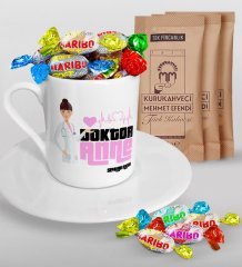 Kişiye Özel Doktor Anne Tasarımlı Türk Kahvesi Fincanı Mehmet Efendi Kahve ve Haribo Şeker Hediye Seti-2