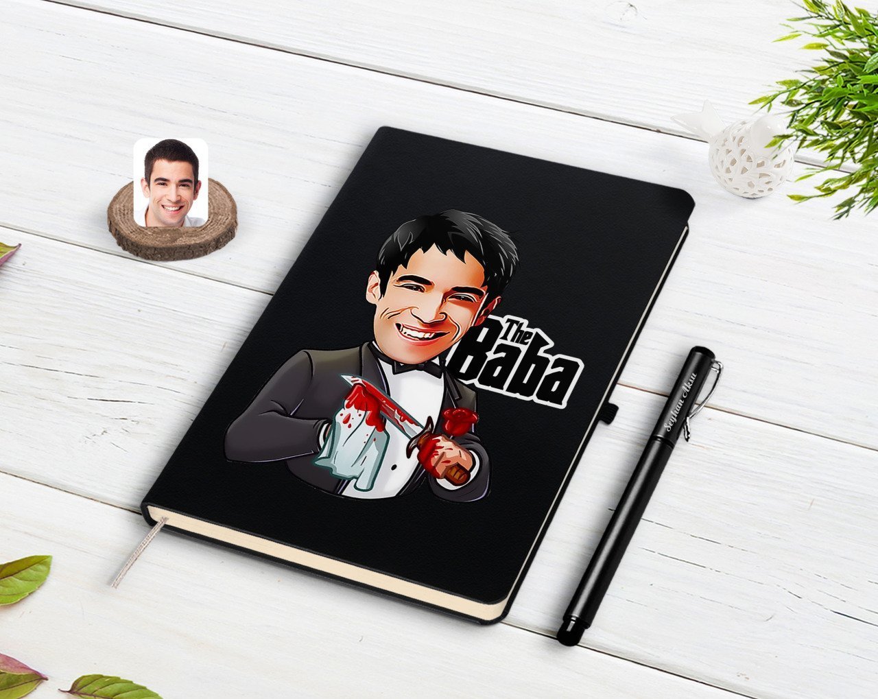 Kişiye Özel Godfather Baba Karikatürlü Siyah Defter ve Kalem Hediye Seti-5