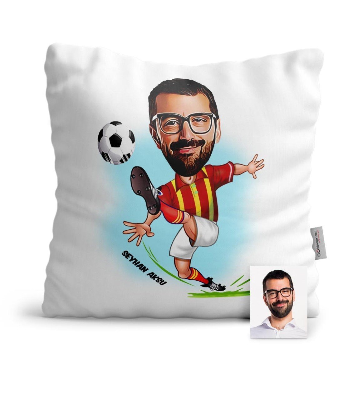 Kişiye Özel Futbolcu Sarı Kırmızı Karikatür Saten Yastık - 1
