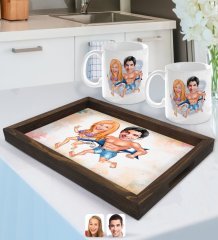 Kişiye Özel Sevgililer Karikatürlü Doğal Ahşap Tepsi ve 2’li Kupa Bardak Seti-8