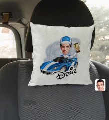 Kişiye Özel İsimli Erkek Rallici Karikatürlü Kare Araç Koltuk Yastığı-1