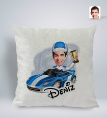 Kişiye Özel İsimli Erkek Rallici Karikatürlü Kare Araç Koltuk Yastığı-1
