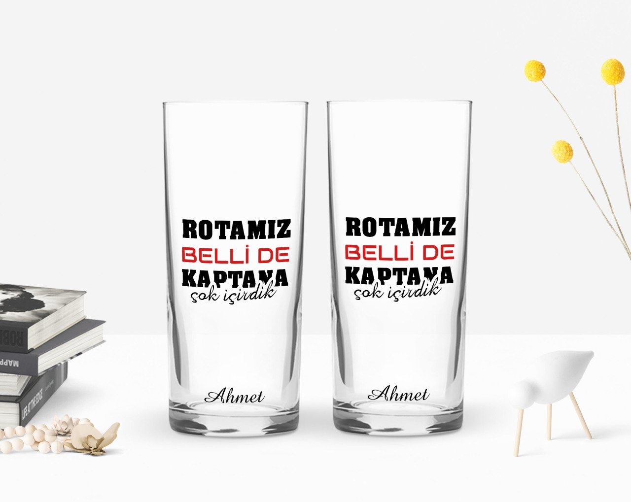 Kişiye Özel Renkli Baskılı Rotamız Belli De Tasarımlı İkili Rakı Bardağı Seti-1
