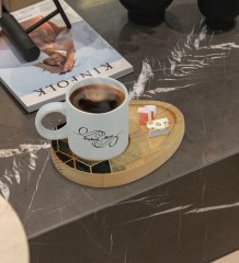 Kişiye Özel Mermer Tasarımlı Doğal Ahşap Tabaklı Türk Kahvesi Fincanı Sunum Seti Model 6