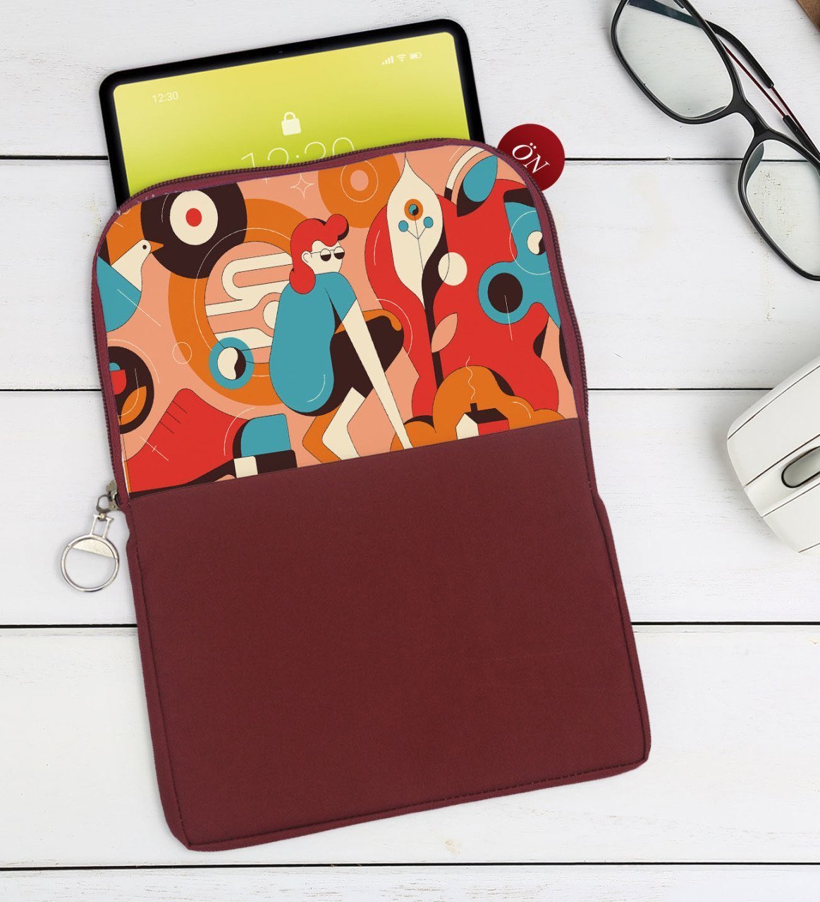 BK Gift Modern Soyut Tasarımlı Taşınabilir Koruyucu Tablet Kılıfı & Organizer Çanta - Bordo-6