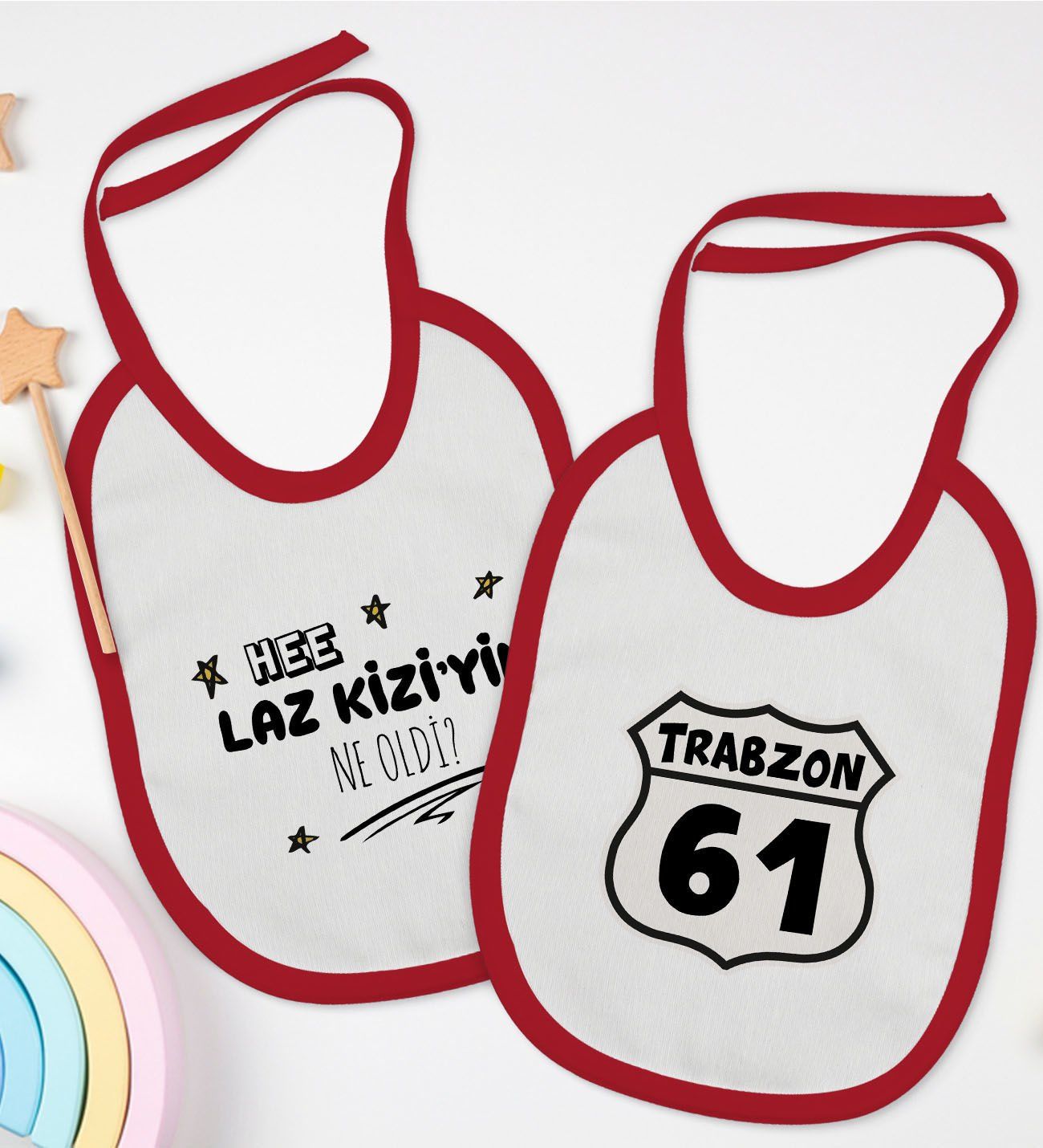 BK Kids Laz Kızı ve Trabzon Tasarımlı 2’li Kırmızı Mama Önlüğü-1
