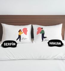 BK Gift Kişiye Özel Sevgili Tasarımlı Pamuklu Yastık Kılıfı ve Göz Bandı Çift Uyku Seti-13, Tasarım Ev Tekstili, Uyku Bandı, Ev Hediyesi