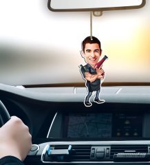 Kişiye Özel Erkek Kuaför Karikatürlü Ahşap Araba Dikiz Ayna Süsü