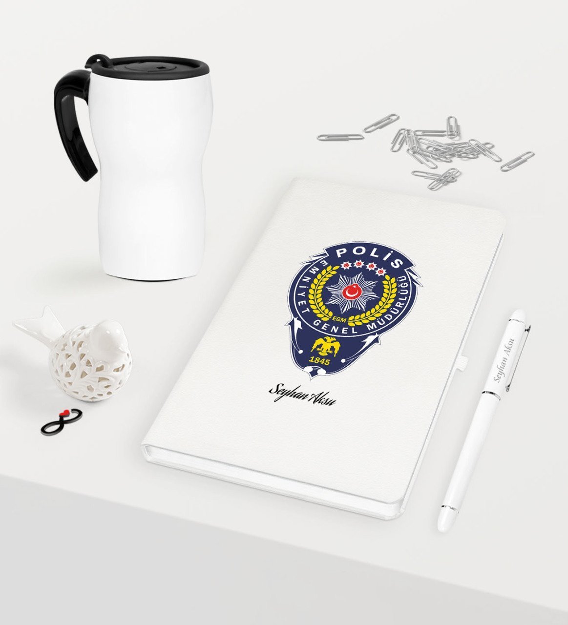 Kişiye Özel Polis Temalı Beyaz Defter Kalem Termos Mug Seti - 2