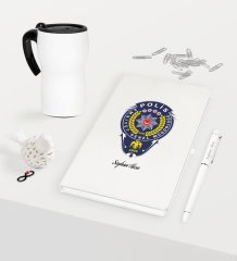 Kişiye Özel Polis Temalı Beyaz Defter Kalem Termos Mug Seti - 2