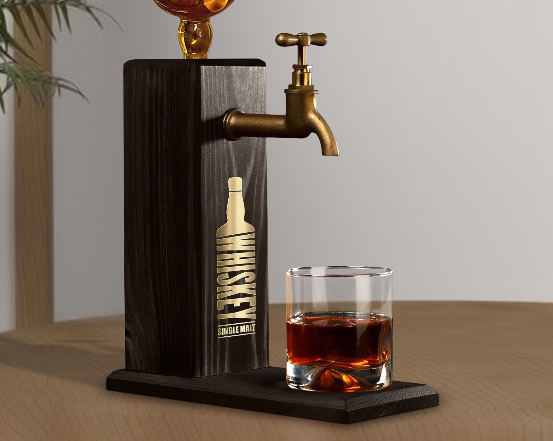 BK Gift Aynalı Altın Kabartma Musluklu Doğal Siyah(Ebony) Ahşap Viski Standı, Home Bar, İçecek Dispenseri, Ahşap İçecek Çeşmesi-3