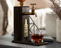 BK Gift Aynalı Altın Kabartma Musluklu Doğal Siyah(Ebony) Ahşap Viski Standı, Home Bar, İçecek Dispenseri, Ahşap İçecek Çeşmesi-3